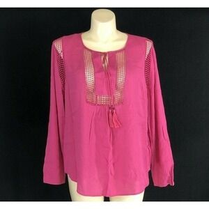 NWT JOSEPH A Blouse XL Pink Crinkle Tassel See Through Crochet Beach Pullover